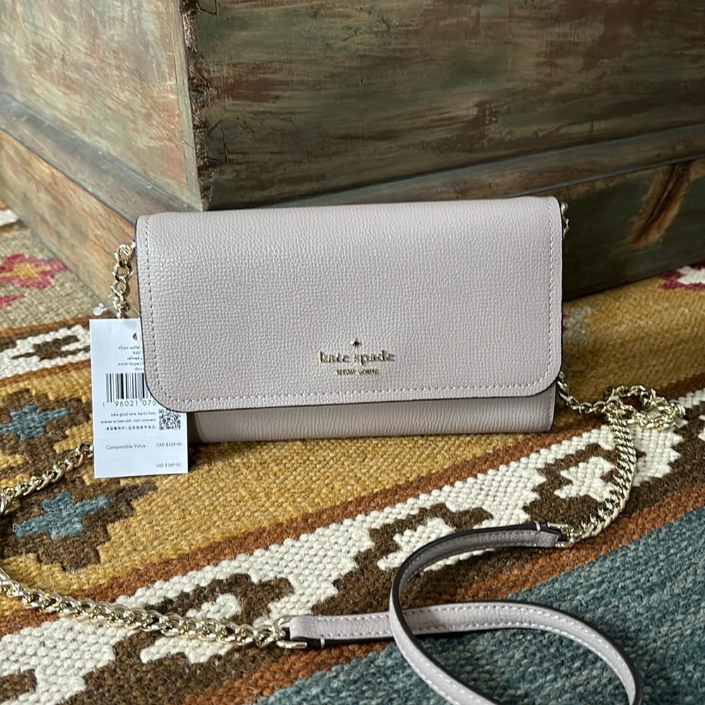 kate spade pale pink leather crossbody with gold chain